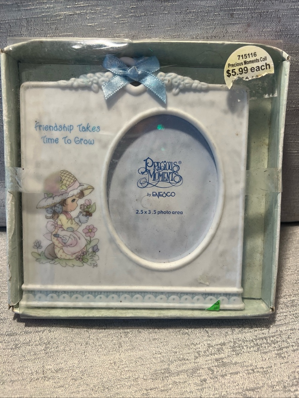 Precious Moments White and Blue Ceramic Picture Frame with Pastel Illustration